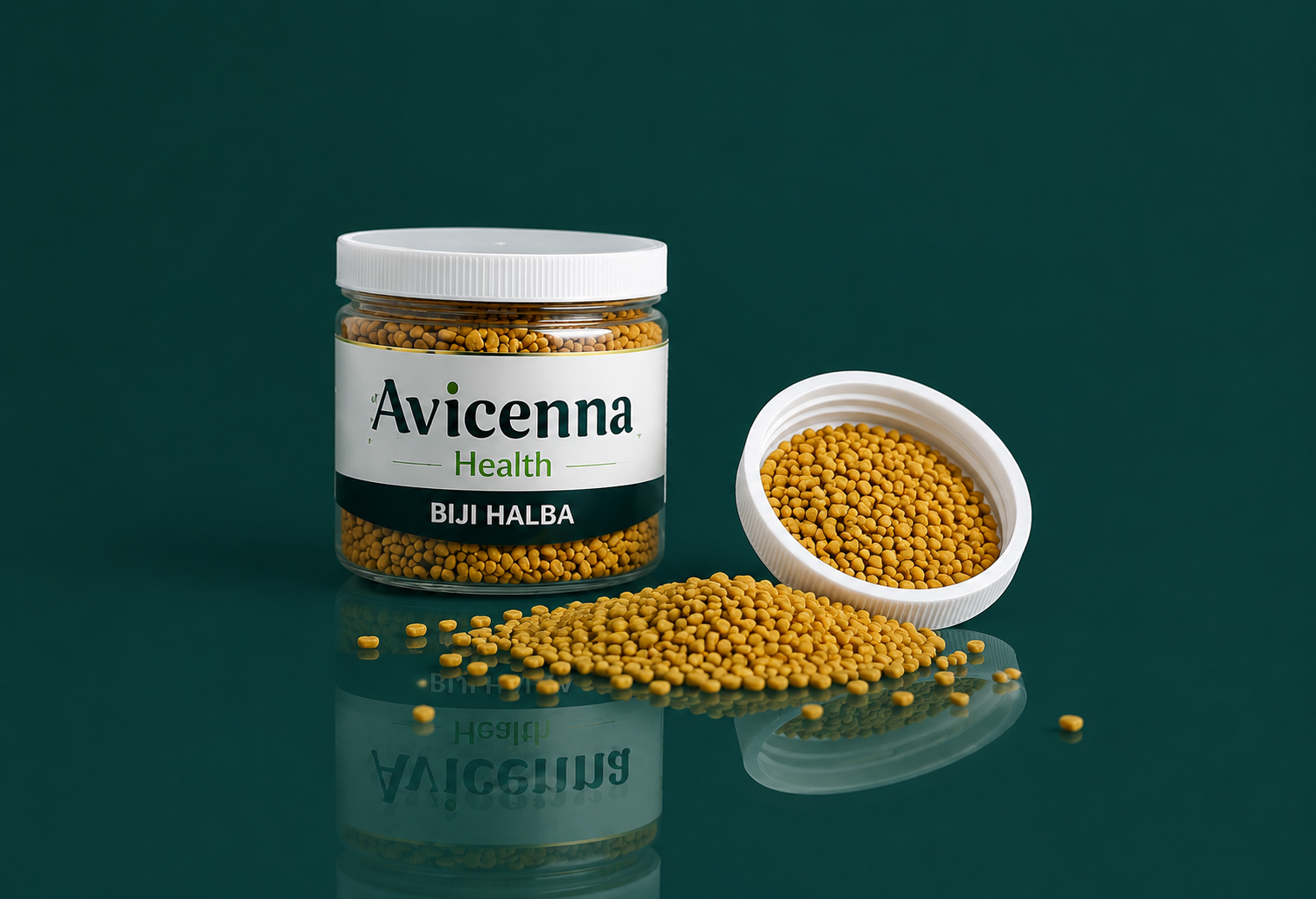 Foto premium Avicenna Biji Halba dengan kemasan dan biji halba